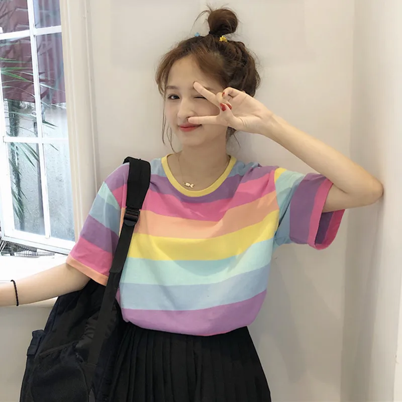 Женская одежда милые радужные полосатые топы ulzzang свободные футболки harajuku с