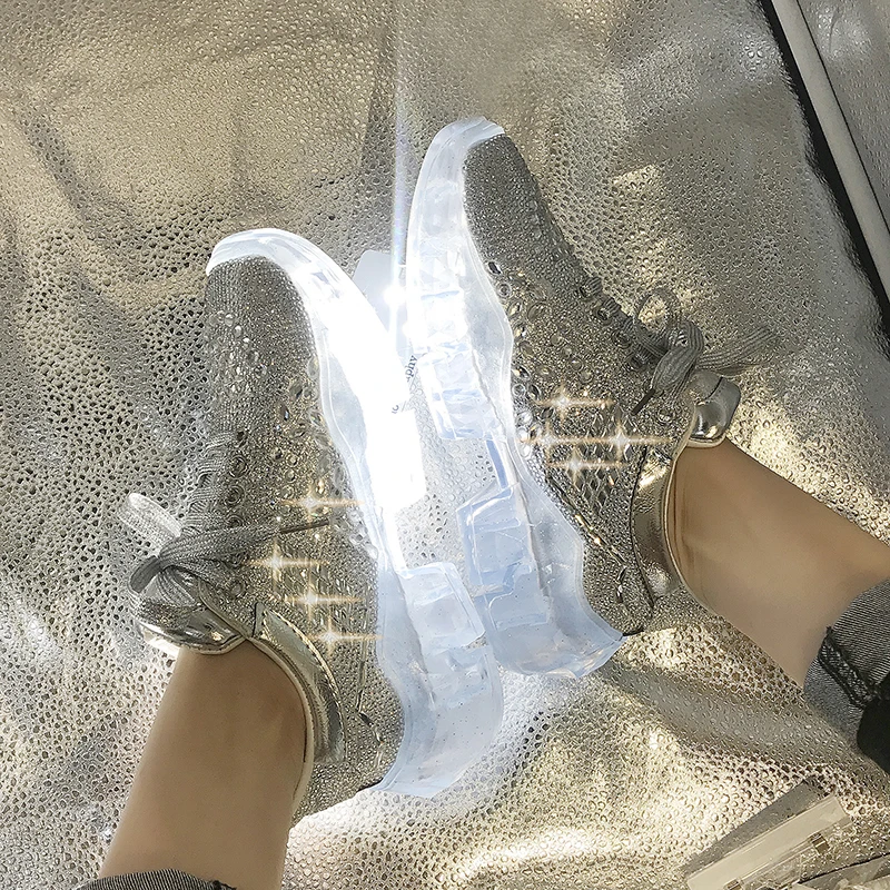 Модные женские туфли блестящие стразы прозрачная обувь на толстой подошве