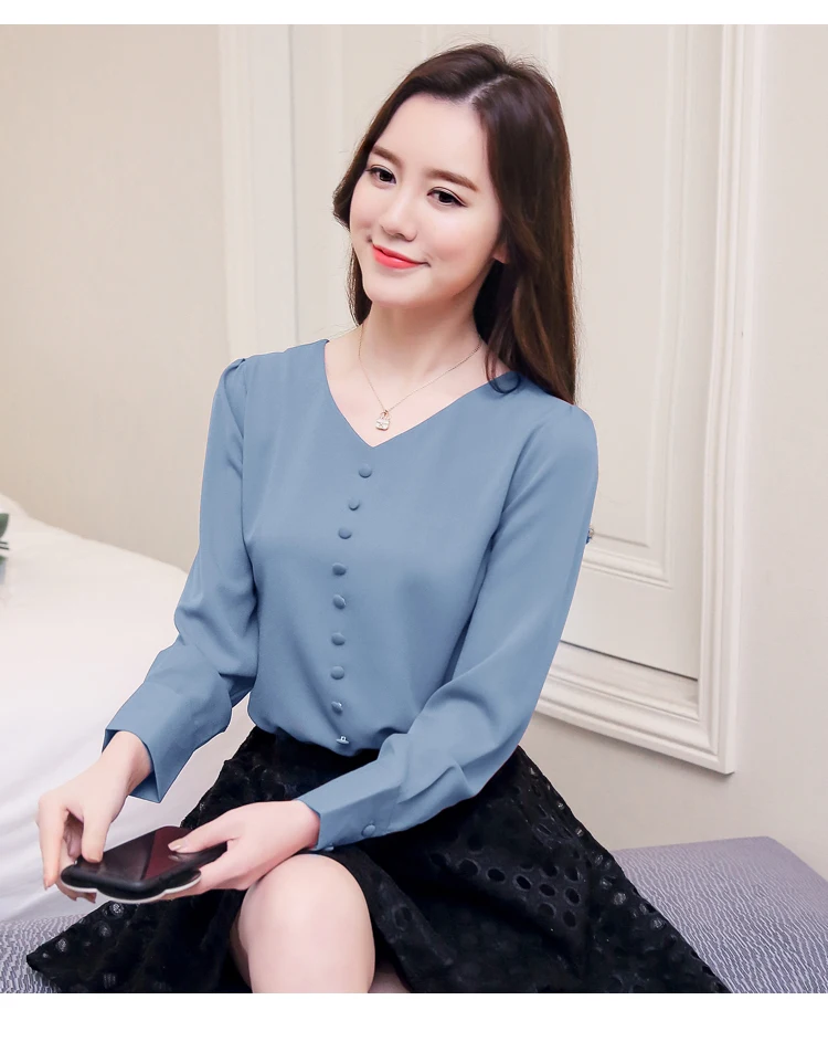 Женская блузка blusas mujer de moda, корейская v-образным блузки модная одежда, шифоновая блузка на пуговицах, однотонные белые с вырезом 2308 50