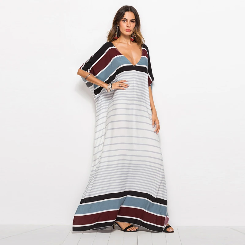 BOHOFREE Arabian Style Striped Kaftan Oversized Loose Long Gown Street Fashion Maxi Robe Hippie Dress Women Beach Dresses | Женская
