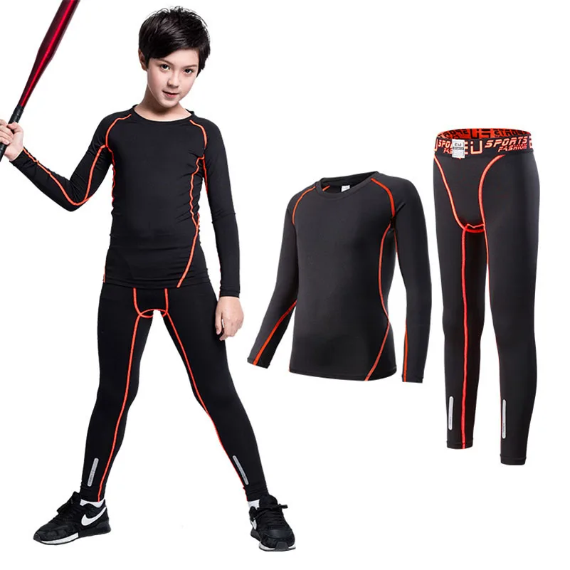 Black Orange 2PL Детский комплект для бокса, компрессионная футболка+ штаны, детский Рашгард для бега, баскетбола, обтягивающие футболки, брюки для подростков, спортивная одежда ММА - Цвет: Black Orange 2PL