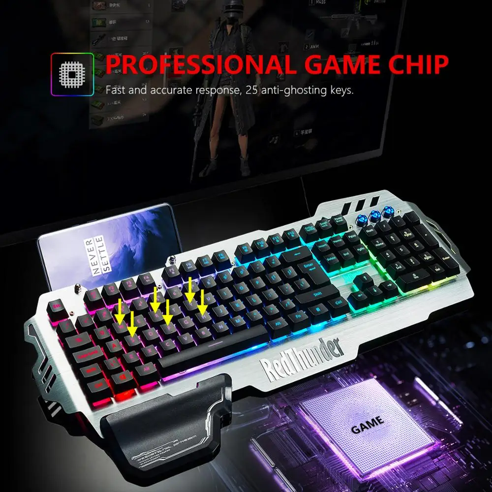 Проводная игровая клавиатура RedThunder K900 RGB с подсветкой 25 клавиш, эргономичная клавиатура с защитой от привидения для настольных игр и набора текста