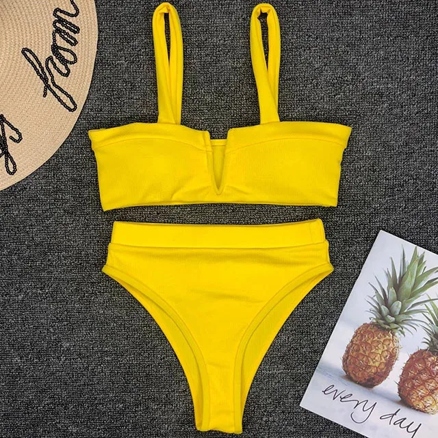 B646Yellow Винтажный женский ребристый купальник с высокой талией, бикини для женщин, треугольный бюстгальтер, купальник из двух частей, комплект бикини, Бразильские Купальники - Цвет: B646Yellow