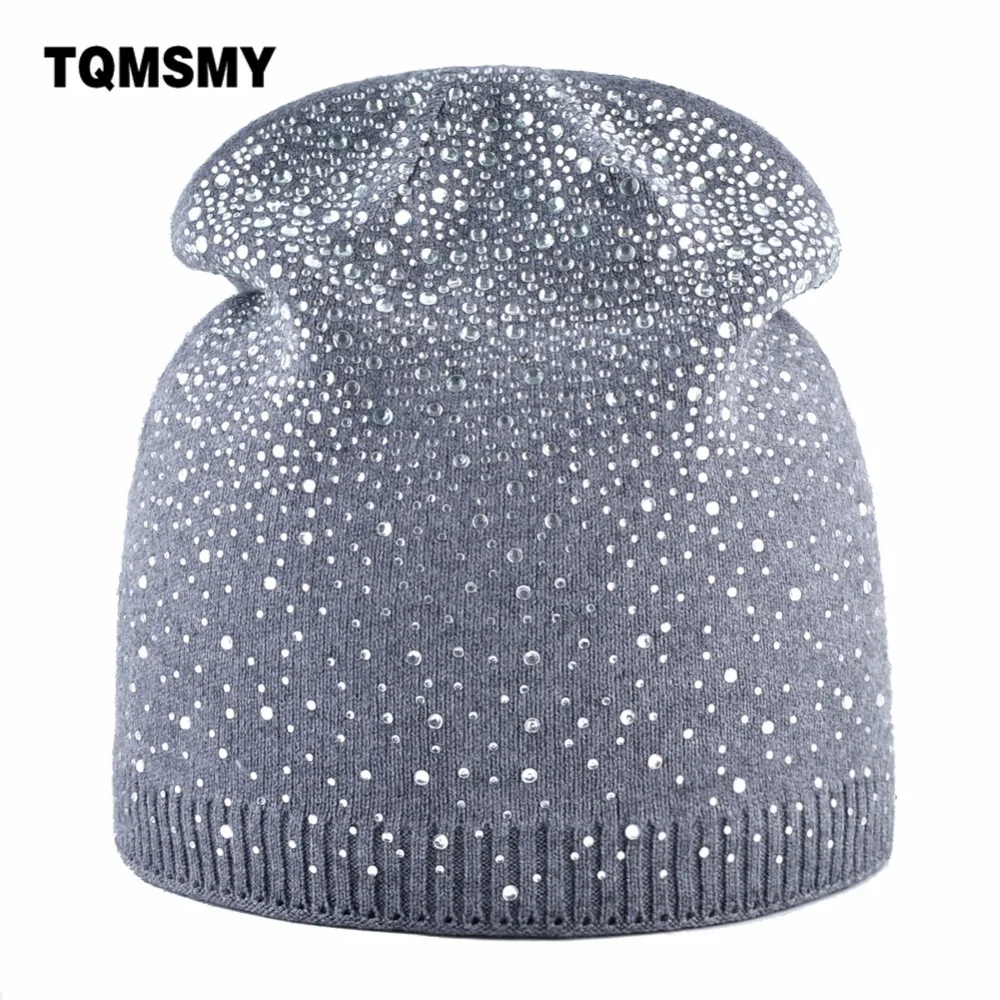 Зимние женские шапки TQMSMY вязаные из шерсти толстые теплые со стразами с рисунком