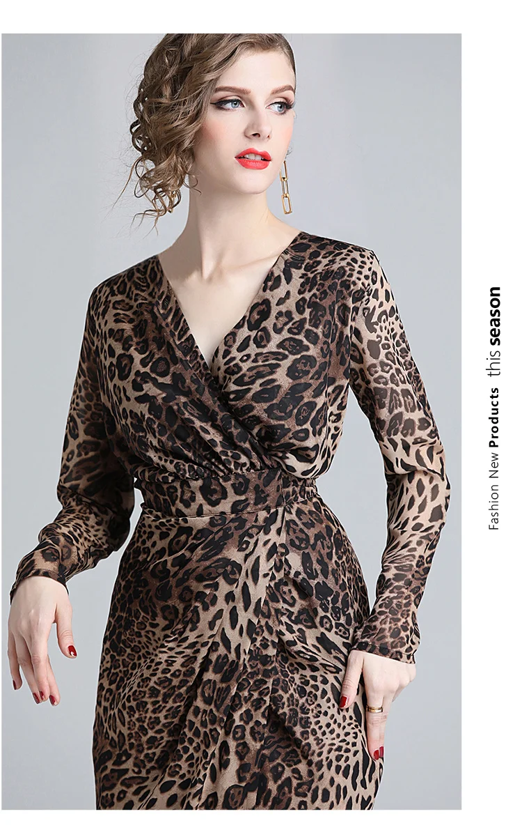 

2019 Spring Vintage Print Leopard Dress Runway Women Sexy V-Neck Long Sleeve Elegant Party Long Dress Casual Club Maxi Vestidos