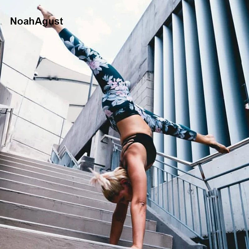 Тянущиеся штаны для йоги с цветочным принтом бесшовные леггинсы высокой талией