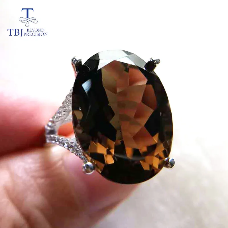 smoky TBJ, большой натуральный драгоценный камень 11ct дымчатый кольца белого цвета 925 пробы драгоценности из серебра и камней для женщин с коробкой, Подарок на годовщину - Цвет камня: smoky