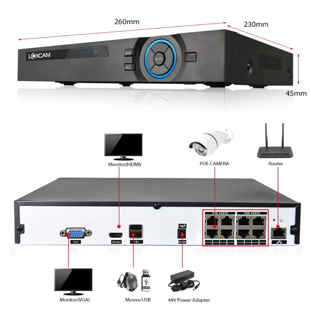 LOXCAM 48 В 8CH 1080P POE NVR комплект системы видеонаблюдения 4CH 2MP сетевой видеорегистратор