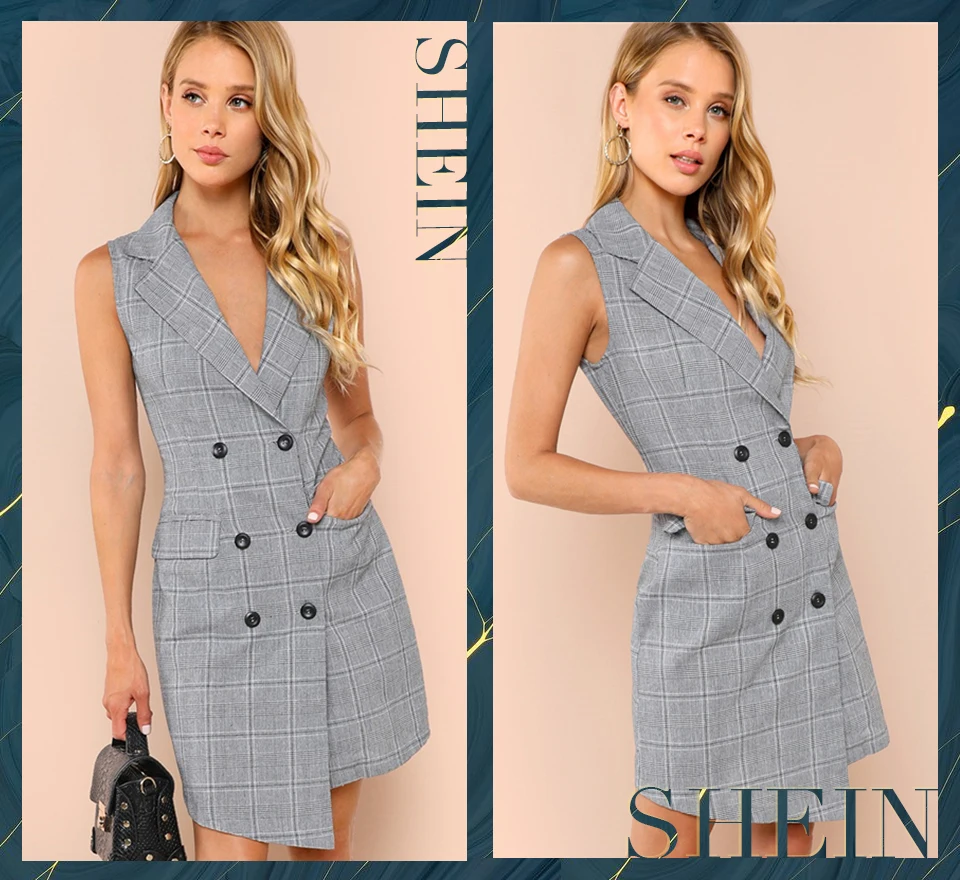 SHEIN Черное и белое элегантное двубортное платье с отложным воротником летнее тонкое Современное женское платье