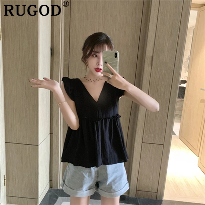 RUGOD Vintage white lace up women shirts Elegant V neck sleeveless solid blouse female 2019 summer korean ruffles tops ladies | Женская