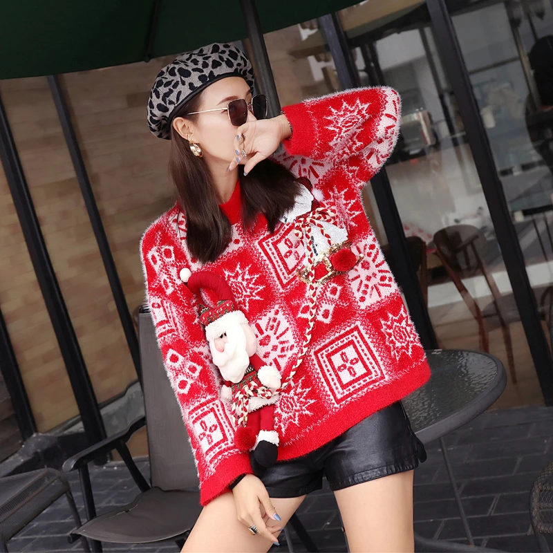 2018 autumn and winter new loose thick ladies sweater geometric pattern Christmas women's knitted jacket coat tide | Женская одежда