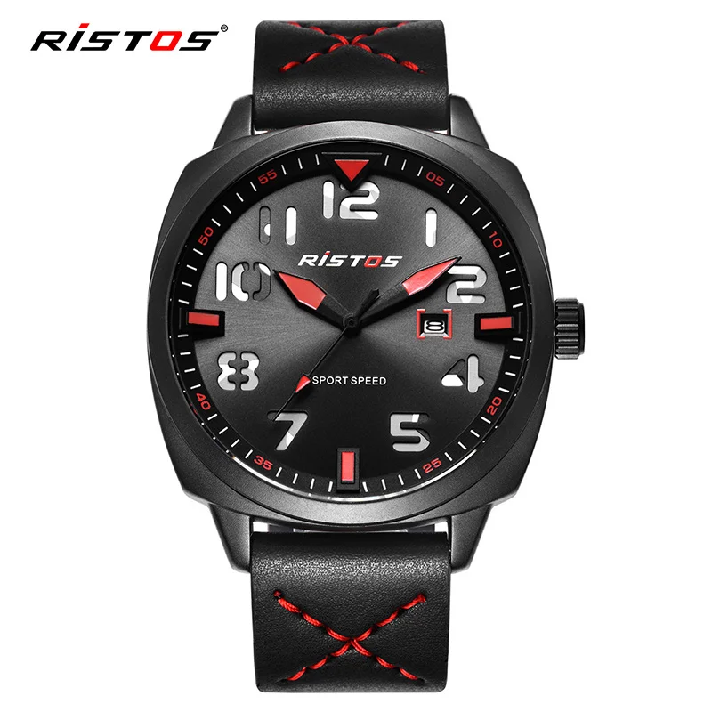 Red RISTOS военные мужские спортивные часы с кожаным календарем Qaurtz часы модные наручные часы повседневные мужские часы Relogio Masculino 9351 - Цвет: Red