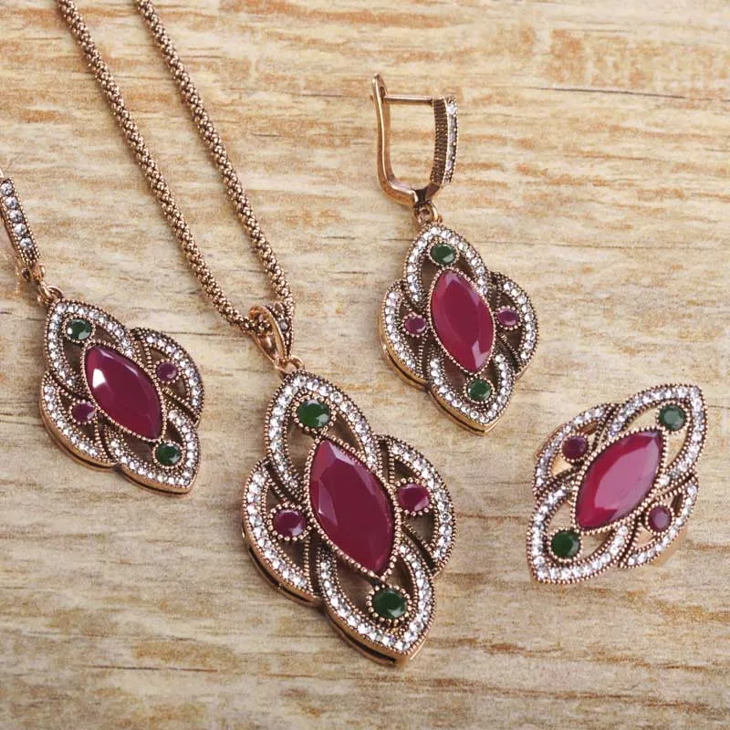 red gold Blucome Турецкая подвеска, ожерелье, серьги, кольцо, ювелирный набор, цветок, кристалл, смола, для женщин, для банкета, вечерние, Femme, украшения, бижутерия - Окраска металла: red gold