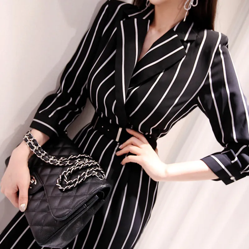 

Summer Mid Waist Casual Turn-down Neck High Street Women Jumpsuits Black Three Quarter Sleeve Striped Print Sashes Work Jumpsuit