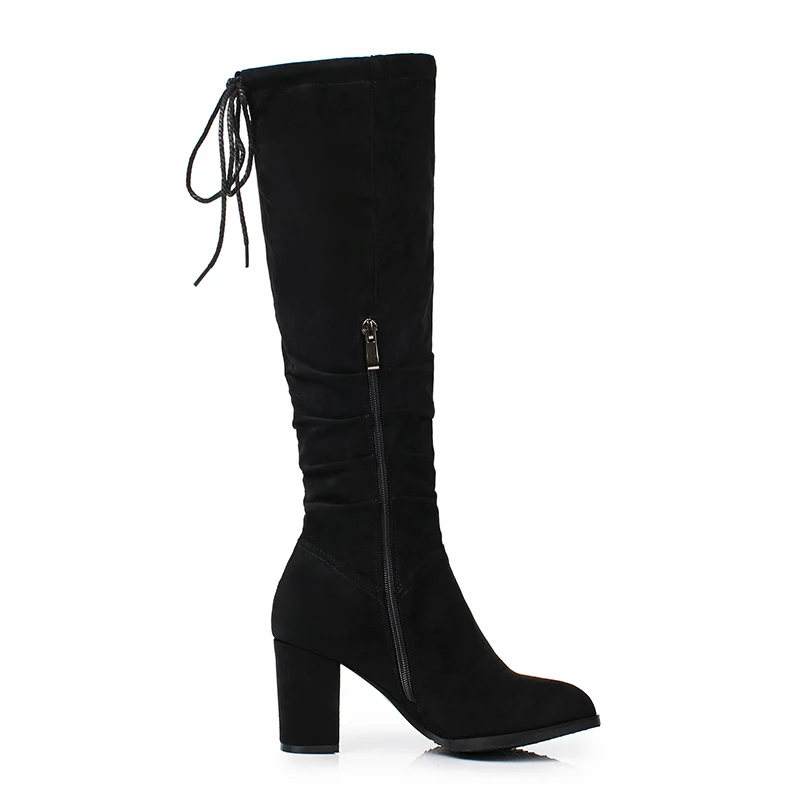 Модные сапоги до колена женские сапоги из флока на молнии на Высоком толстом каблуке осенне-зимняя женская обувь черный абрикос коричневый