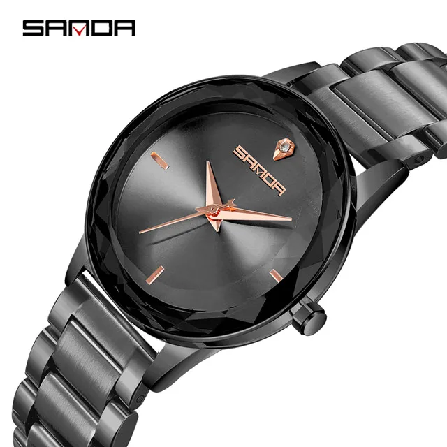 black Sanda фиолетовые женские часы модные из нержавеющей стали с ремешком кварцевые женские наручные часы стразы женские часы разноцветные - Цвет: black