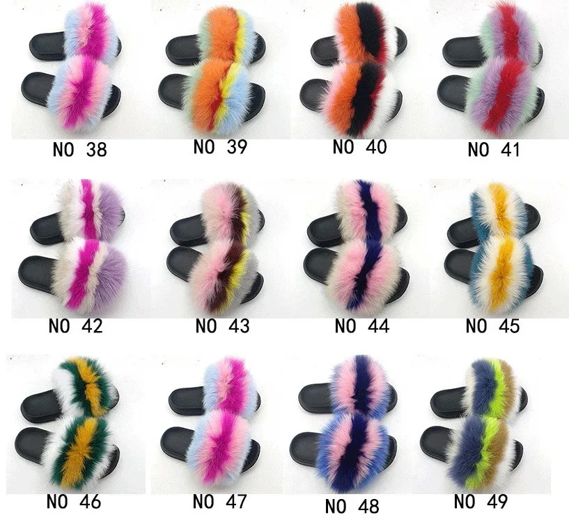 Fluffy Slippers Real Fox Fur Slides Indoor Flip Flops Casual High Recommend Raccoon Fur Sandals Vogue Plush Shoes