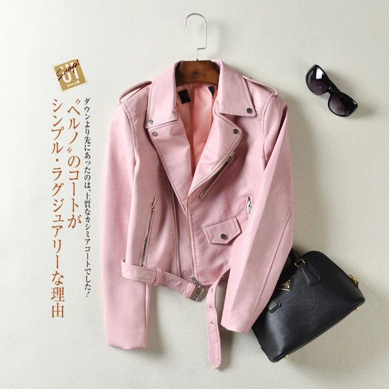Pink Карамельных цветов кожаный жакет для женщин Элегантные Осенние байкерские куртки короткие синие кожаные пальто женские Мотоциклетные Куртки - Цвет: Pink