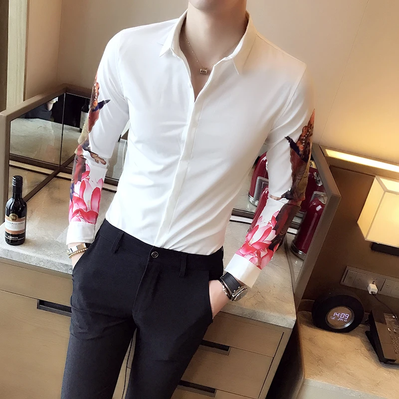 2019 Весна Для мужчин рубашка с принтом модные приталенная одежда длинным рукавом