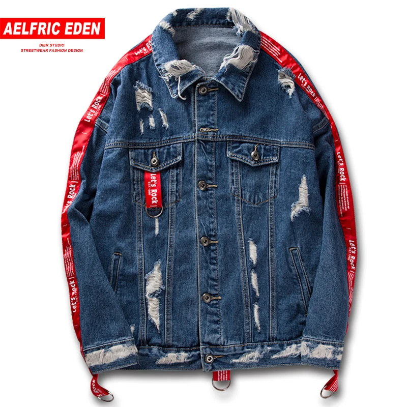 Aelfric Eden одежда для пар джинсовая куртка 2017 мужчин Hi street с лентами рукав рваные в