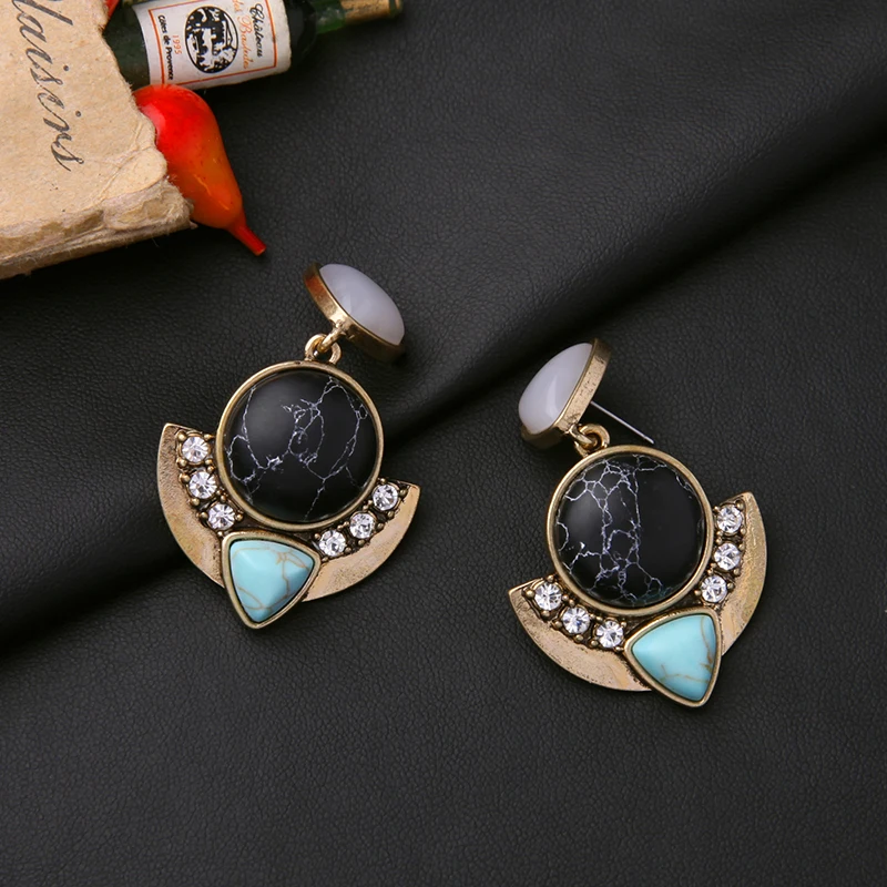 Antique Gold Color Patterned Synthetic Stone Black Earring Geometric Pendant Women Resin Vintage | Украшения и аксессуары