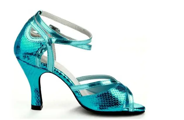 sky blue heel 85mm Высококачественная танцевальная обувь; Обувь для бальных танцев; обувь для латинских танцев; искусственная кожа; змеиная кожа; рифленая подошва; мягкая подошва; спортивная женская обувь; Сальса; танцевальный каблук 8 см - Цвет: sky blue heel 85mm