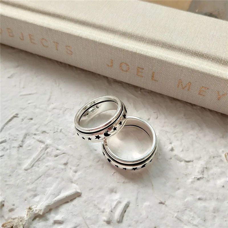 

YPAY Genuine 925 Sterling Silver Rotate Star Moon Rings Vintage Texture Creative Adjustable Ring for Women Fine Jewelry YMR820