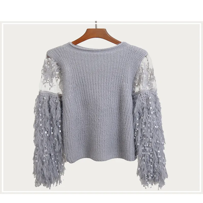 Свитер Женский вязаный однотонный с кружевными рукавами | Женская одежда