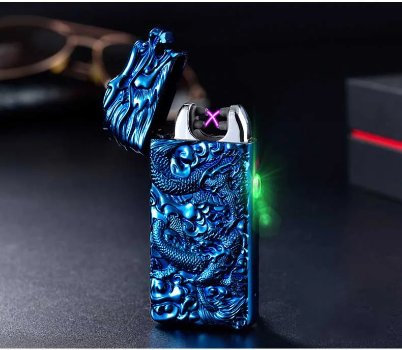 Китайский дракон двойной дуги Usb плазменная зажигалка ветрозащитный электрическая зажигалка из металла в стиле панк без огненная сигарета зажигалка - Цвет: blue