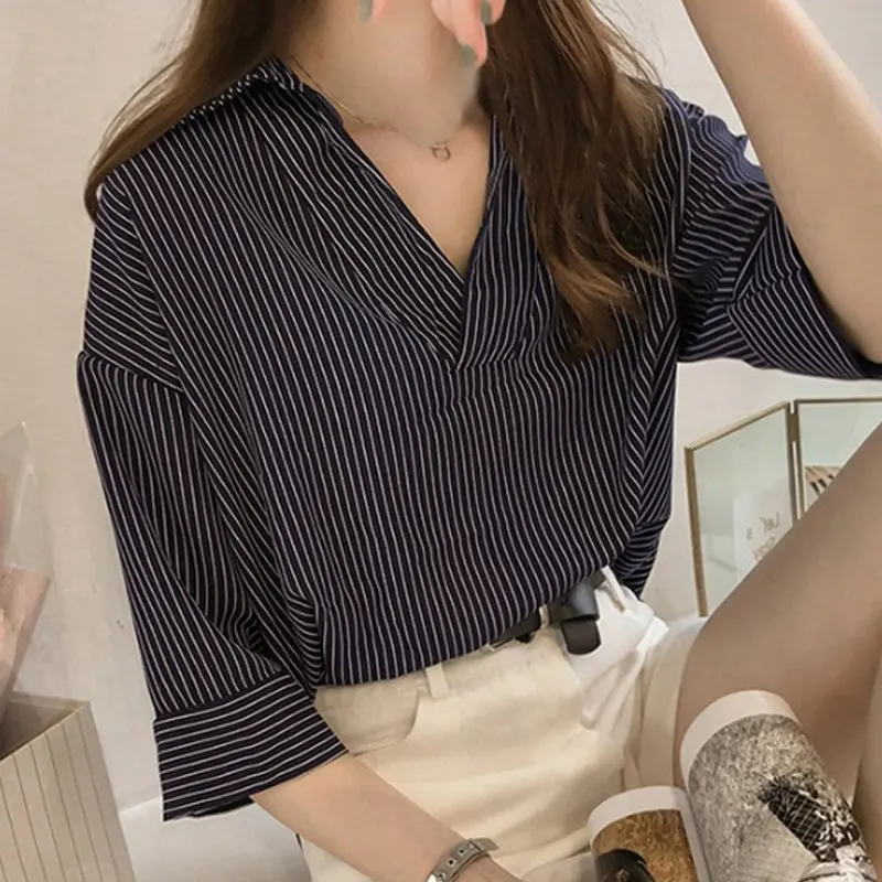 

Blusa Listrada Camisa Mulheres 2019 Coreano-estilo Femme Com Decote Em V Meia Manga Chiffon Blusa Plus Size top Senhora