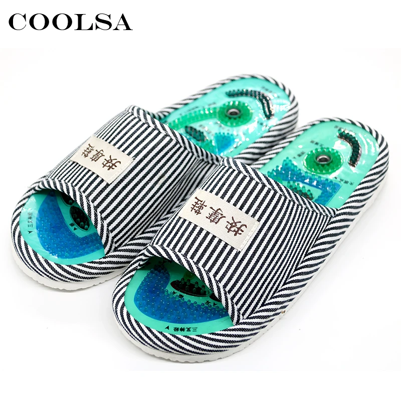 Coolsa Лидер продаж Для мужчин массаж Шлёпанцы для женщин холст полосой Магнит нога