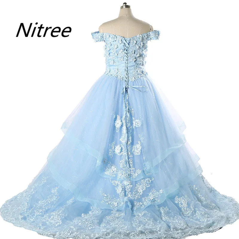 2017 с открытыми плечами Многоуровневое сшитое Кружева аппликации голубой