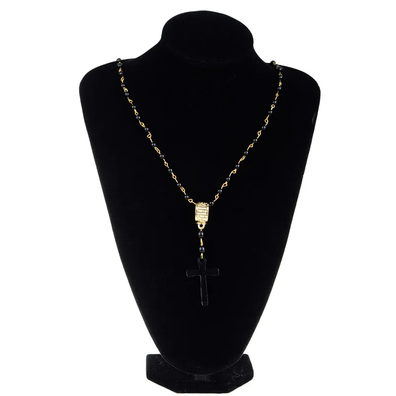 Fashion Long Black Beads Gold Chain Cross Pendant Statement Necklace Women Sweater Jewelry Accessories Gift | Украшения и