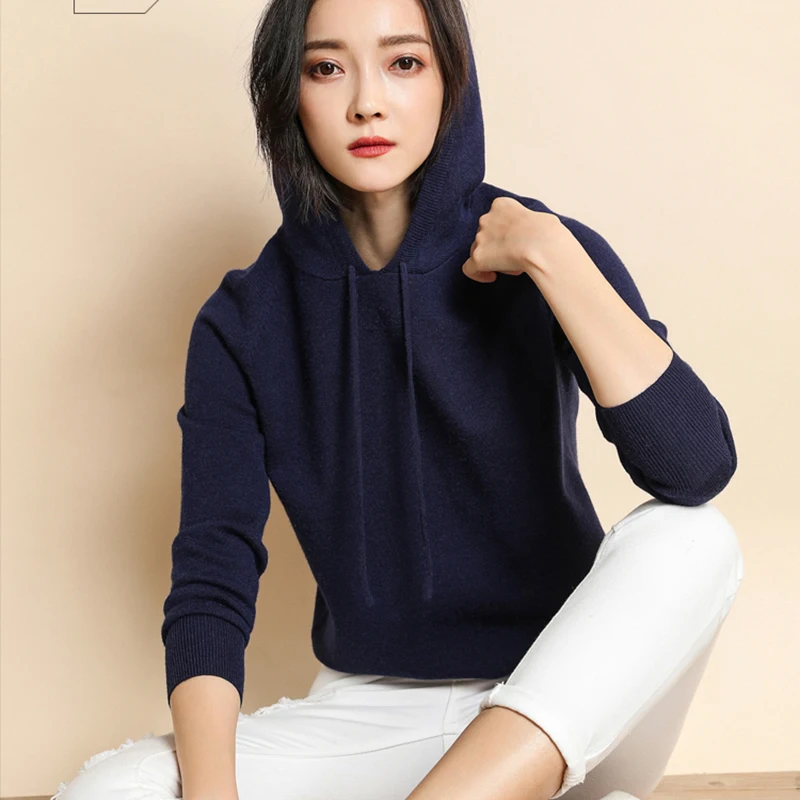 HZYRMY Spring Autumn New Women's Cashmere Sweater Fashion Solid Color Hooded Soft Shirt Short Loose Wool Knit Pullover Sweaters | Женская