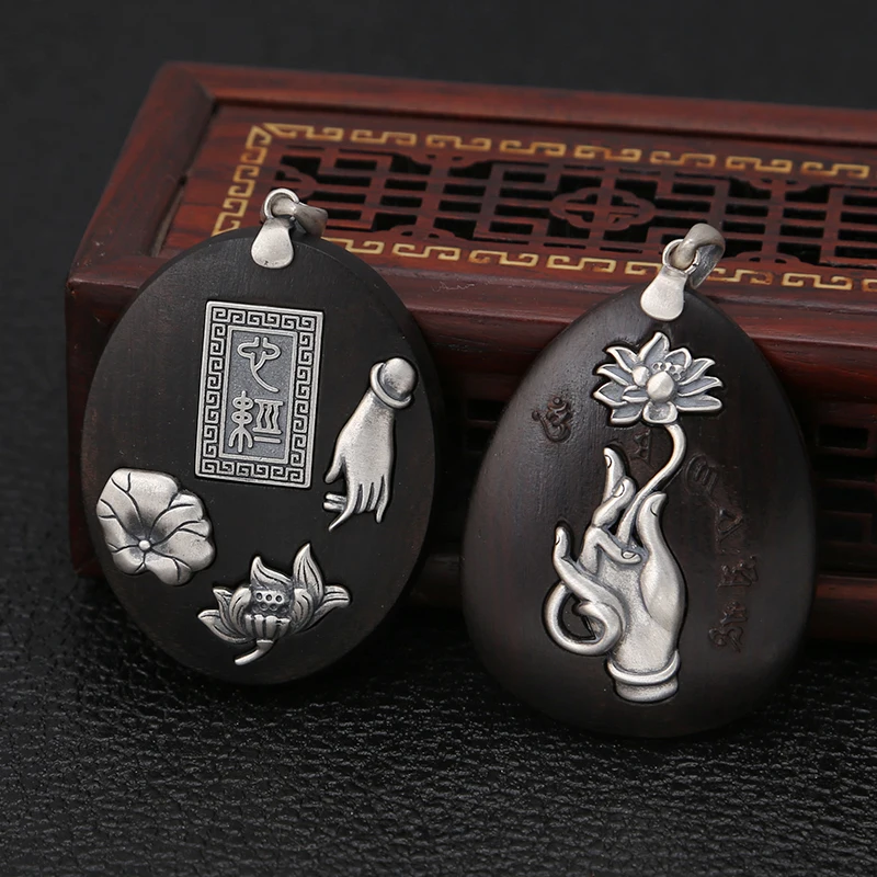 925 Sterling Silver Pendant Vintage Chinese Style for women ebony lotus flowers exquisite weater chain pendant Jewelry | Украшения и