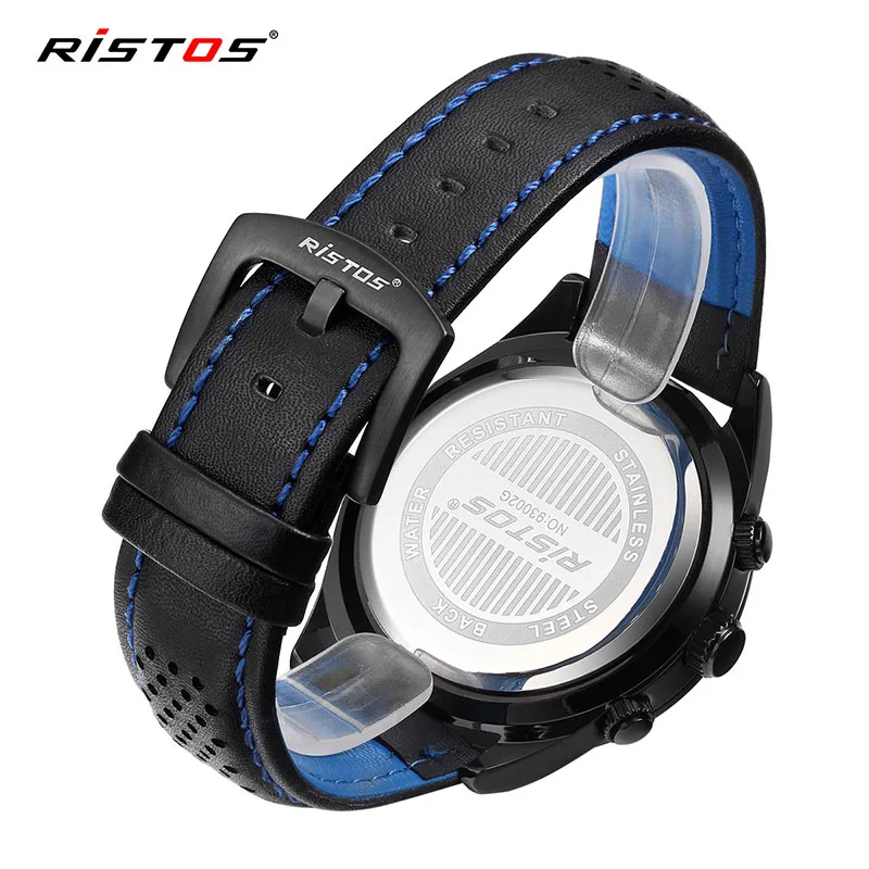 RISTOS, мужские спортивные часы с хронографом, кварцевые повседневные наручные часы из натуральной кожи, мужские часы 93002
