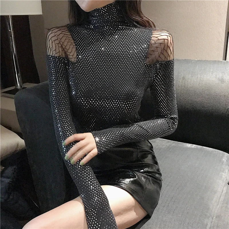 Cakucool/Блестящая серебряная блузка с блестками Весенняя женская кружевная