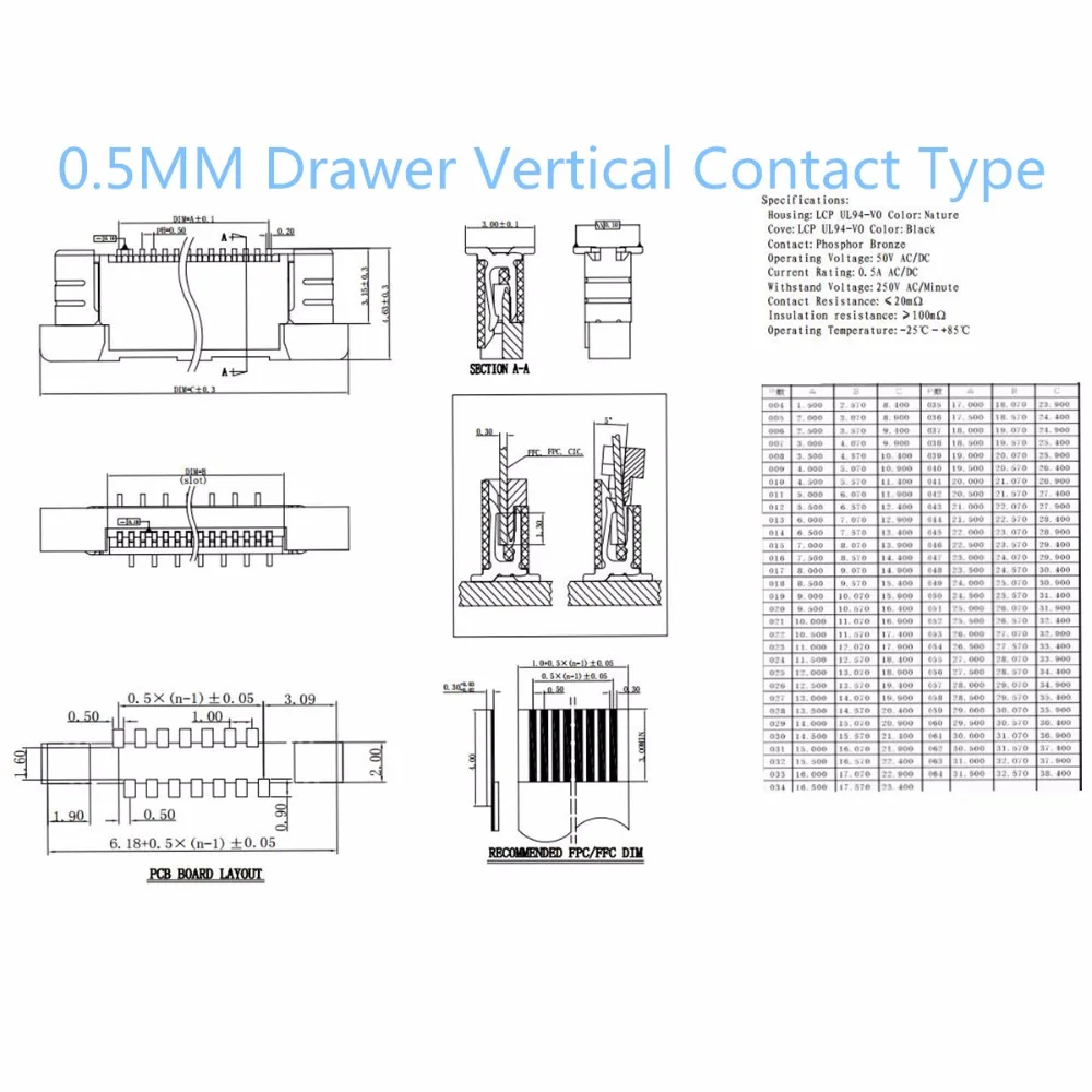 

10Pcs FPC Connector socket FFC 0.5MM Drawer type Vertical 4P 6P 8P 10P 12P 14P 16P 20P 24P 26P 30P 32P 34P 36P 40P 45P 50P 60P