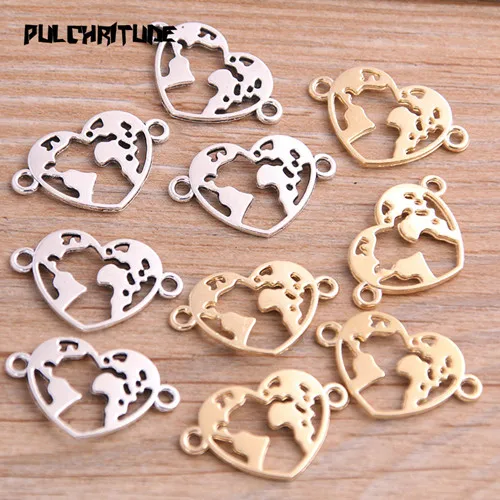 two color Pulchrode 20 шт 15*24 мм Три цвета сердце карта мира ссылка земля талисманы соединитель для производства ювелирных изделий DIY ручной работы ремесло DIY - Окраска металла: two color