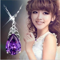 trendy crystal purple water drop pendant necklace female party accessories charm silver plated necklace for women jewelry bijou