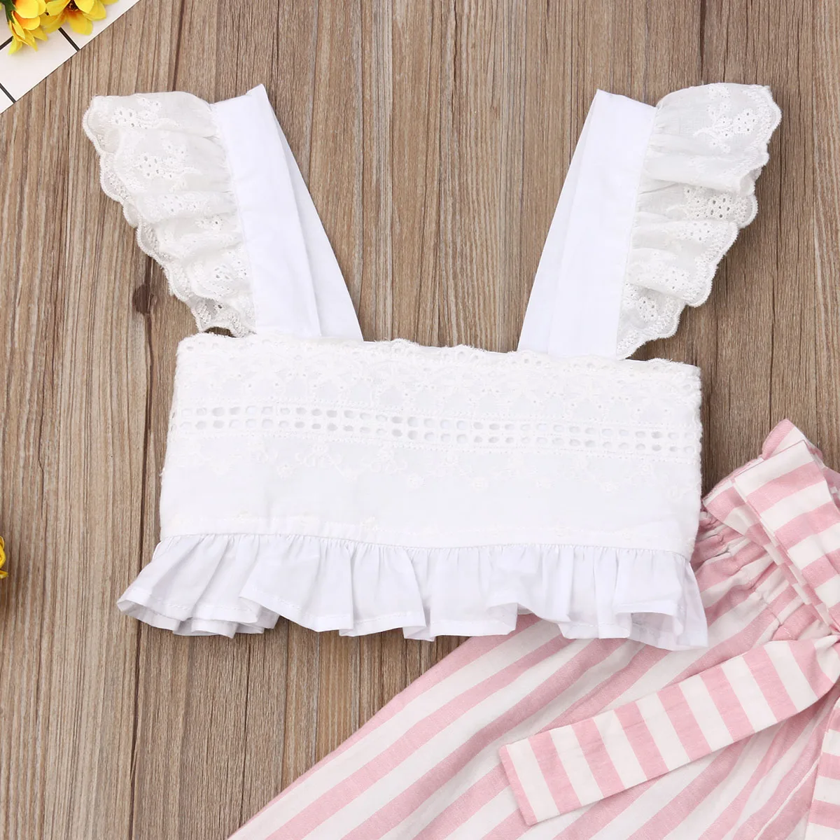 Pudcoco Summer Toddler Baby Girl Clothes Lace Strap Ruffle Crop Tops Striped Long Pants 2Pcs Outfits Clothes Summer