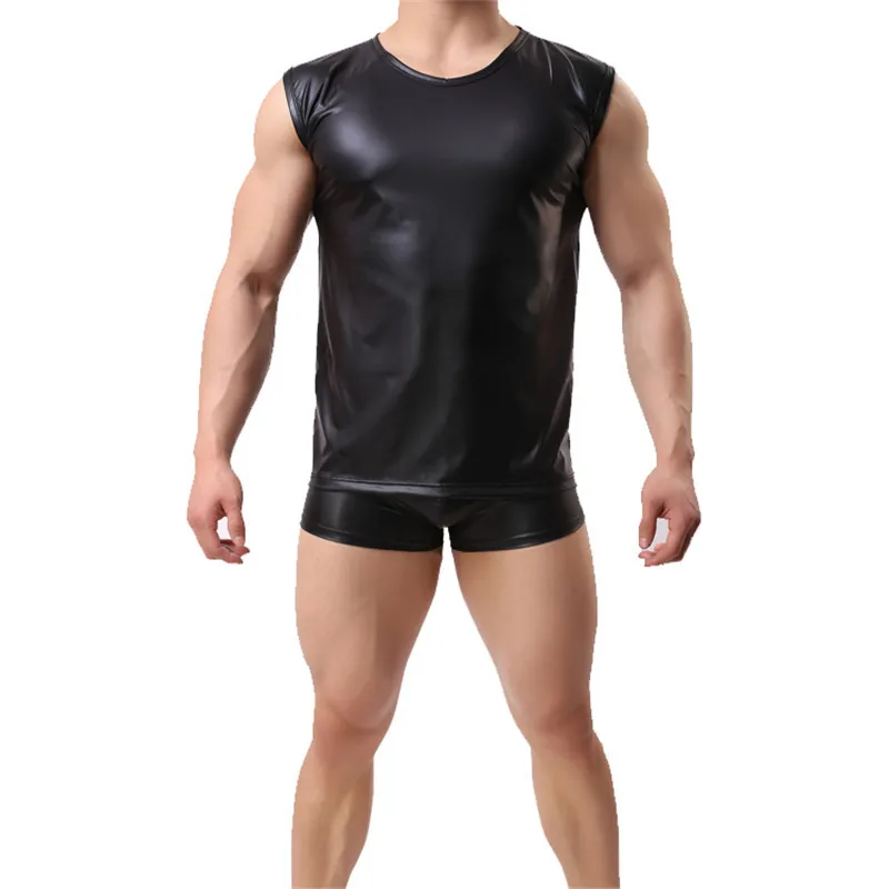 Black Color Vest Men Sexy Vest Faux Leather Solid Male Tank Tops Underwear Slim Wear Men's Sleeveless Singlet Vest images - 6