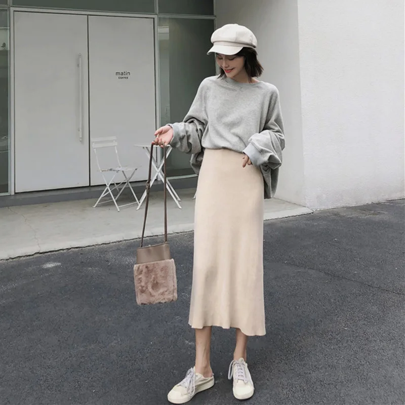Apricot Harajuku уличная трикотажная юбка осень зима Корейская мода универсальная Сплит миди Faldas Mujer однотонные черные юбки женские - Цвет: Apricot