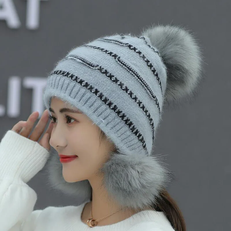 Зимняя плотная вязаная женская шапка с лисой и кроличьим мехом теплая Модная
