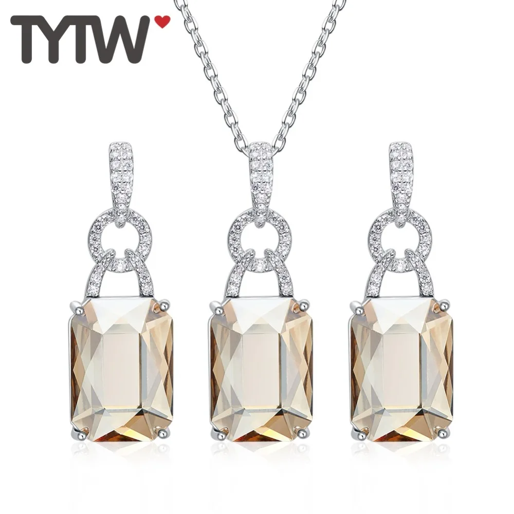 Классические квадратные серьги гвоздики TYTW ожерелье с кулоном серебро 925 пробы