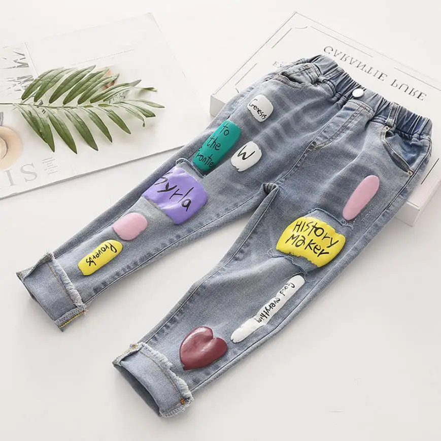 Модные джинсовые штаны с мультяшным принтом для девочек новинка 2019 детские