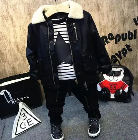 

Children's Clothing Boy Winter Set Boy Sweatshirts Casual Suits Child Faux leather coat+Thicken T-shirt +Thick jeans 3pcs Sets
