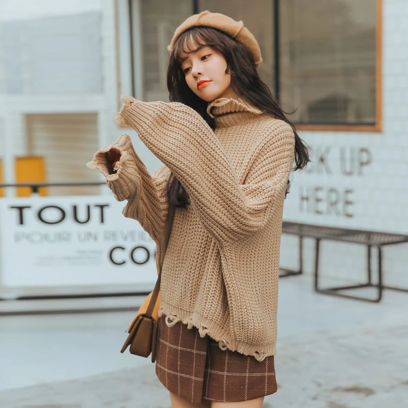 Wholesale 2020 autumn winter thick cuffs hem hole loose turtleneck Pullovers solid color batwing sleeve irregular sweaters nice | Женская