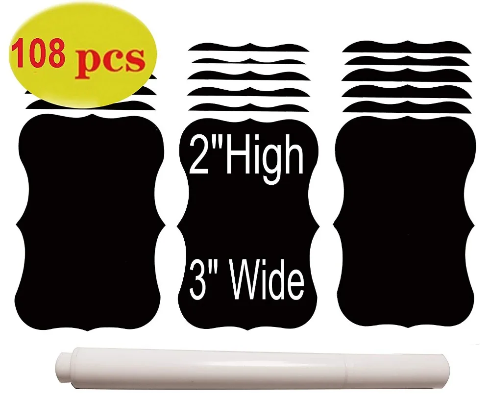 Chalkboard Labels-108pcs Waterproof Reusable Blackboard Stickers with 1 Liquid Chalk Marker for Mason Jars, Parties Decoration