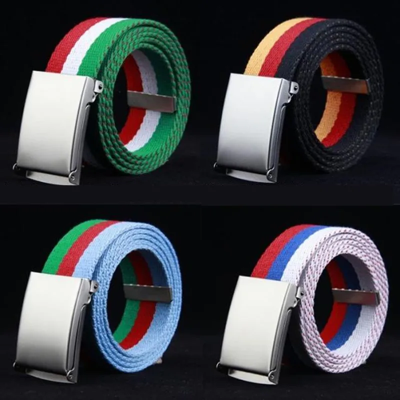 Модный ремень унисекс для мужчин и женщин металлический парусиновый в полоску с